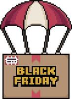 Pixel art of black friday package with parachute in 8 bit style on white background vector