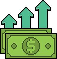 Pixel art of money bills with upward arrows in 8 bit style on white background vector