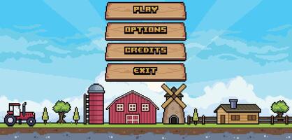 Farm game home menu with wooden buttons in pixel art and 8-bit style vector