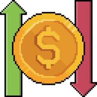 Pixel art of coin surrounded by a green arrow and a red arrow in 8 bit style on white background vector