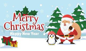 Merry Christmas and Happy new year banner poster free design with illustration of Santa Claus and Little penguin standing in front of winter background with pine tree and Gift box vector