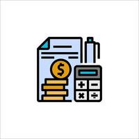 A calculator and a stack of money are shown in a line vector