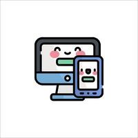 A cartoon computer and phone with a smiley face vector