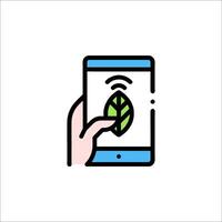 A hand holding a smartphone with a leaf on it vector