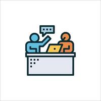 People at a desk with a laptop and a speech bubble vector