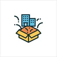 A box with a building inside it and a city skyline vector