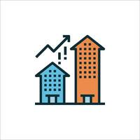 Two buildings with an arrow going up and a building with a building vector