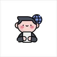 A cartoon man holding a tablet with a globe on it vector