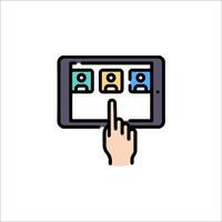 A hand pointing at a tablet with people on it vector