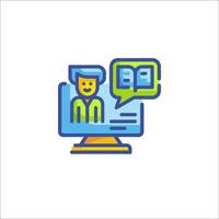 A computer with a person on it and a speech bubble vector