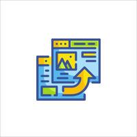 A flat icon of a computer screen with an arrow pointing up vector