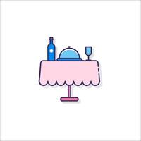 A table with a bottle of wine and a plate of food vector