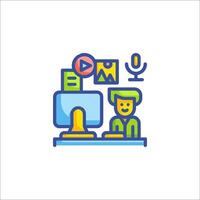 A person sitting at a computer with a microphone and other icons vector