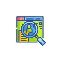 A magnifying icon with a person looking at a computer screen vector