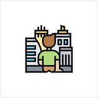 A man sitting on a bench with a city skyline in the background vector