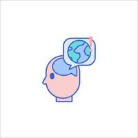 A person's head with a globe in the middle and a speech bubble vector