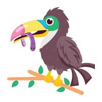 Toucan bird sitting on a tree branch, flat sticker vector