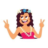 Happy hawaiian lady showing gesture, flat sticker vector