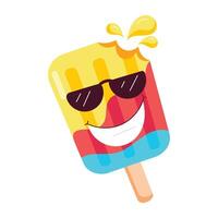 A flat style sticker of ice popsicle with sunglasses and smiley vector
