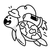 A hand drawn icon of fast turtle flying with rocket vector