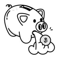 Doodle style icon of piggy bank with dollar coin vector