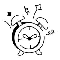 Doodle icon of an alarm clock ringing with confetti around it vector