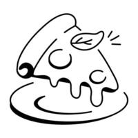 Doodle icon of a slice of pizza with dripping cheese vector