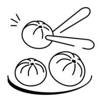Doodle icon of three dumplings with chopsticks vector