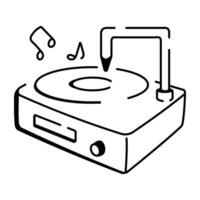 Doodle icon of a vinyl player with a record spinning and music notes vector