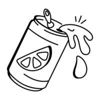 Doodle icon of a can of lemon soda with liquid spilling out vector