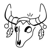 A doodle icon of a bull skull adorned with feathers and beads vector