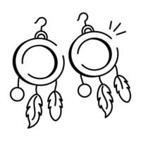 A doodle icon of a pair of native earrings adorned with feathers and beads vector