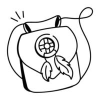 A doodle icon of a boho bag with feathers and a patterned design vector