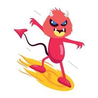 Evil character surfing on fire, a cartoon style sticker vector