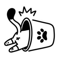 Cat stuck in a bucket, hand drawn icon vector