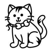 Cute cat wearing a bow, drawing style icon vector