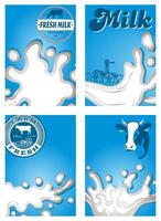set of patterns with milk, dairy jet sprays, streams for design of packaging vector