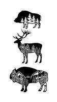 stylized image wild boar, deer, bison with landscape of mountains, forest vector