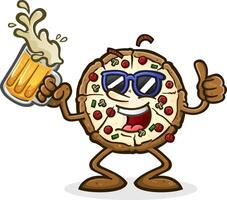 A cool, hip pizza pie cartoon with a snazzy attitude, rocking a pair of shades while drinking a big frothy mug of beer and tossing out an enthusiastic thumbs up vector