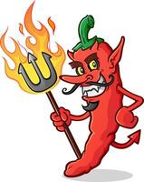 An evil red hot pepper devil cartoon holding a flaming pitchfork and giving an devilish grin with his curly mustache vector