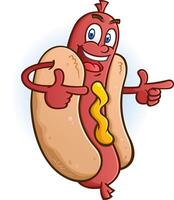 A smiling hot dog cartoon character mascot in a bun pointing both of his fingers to the right vector