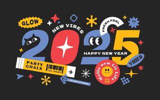 2025 new year concept. Trendy character with happy new year text word vector