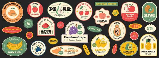 Set of fruits stickers collection. Various fruits logos, patch, badge. Grape, orange, strawberry, peach, apple, avocado, mango, kiwi, pineapple. vector