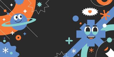 Colorful geometric background. Funny cartoon character y2k style with blank space vector