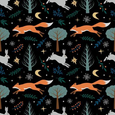 Winter forest seamless pattern. Forest animals, trees, plants and snowflakes on a dark background. Magic illustration for bed linen, fabric, wrapping paper, wallpaper, nursery decoration