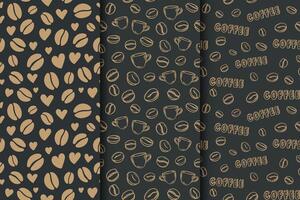 Set of black pattern with bronze coffee beans and hearts vector
