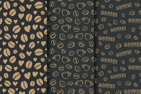 Set of black pattern with bronze coffee beans and hearts