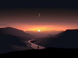 Scenic evening mountain landscape with a man standing on the cliff vector