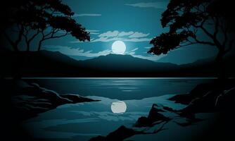 Tranquil lake view at night with silhouette of trees and full moon vector