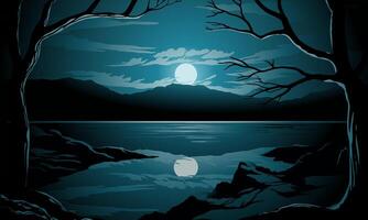 Beautiful calm night view at lake with silhouette of trees and full moon vector